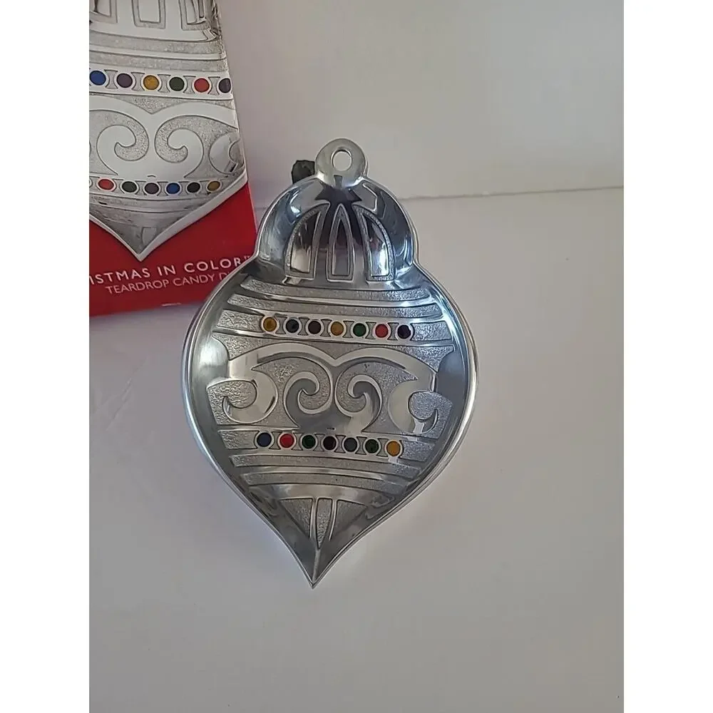 Gorham Christmas in Color Ornament Candy Trinket Dish NEW Teardrop Silver Decor
